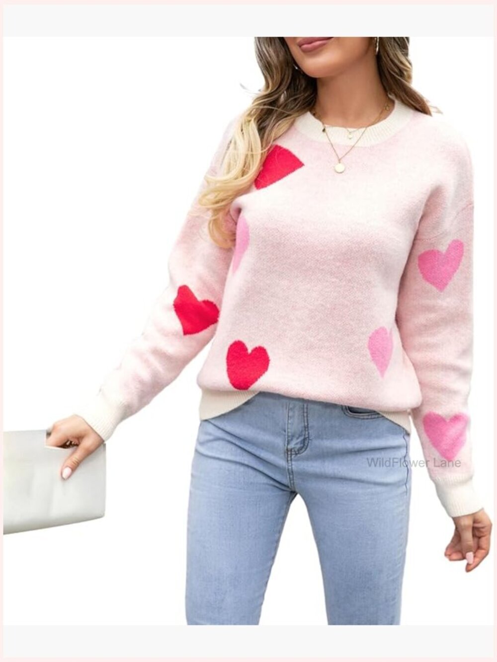 Women's Heart Print Pullover Sweater Loose Fit Long Sleeve Casual Knit